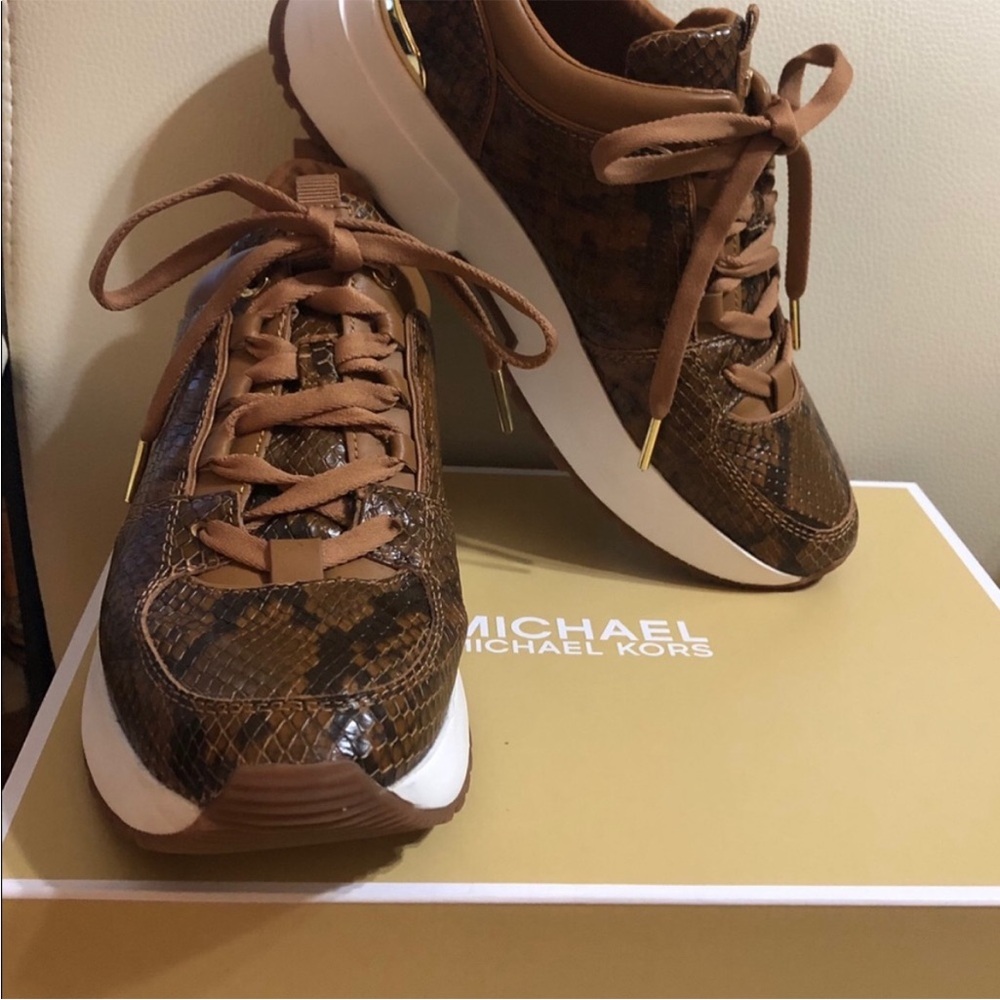 Michael Kors Brown Snake Print Leather Sneakers - Picture 5 of 6